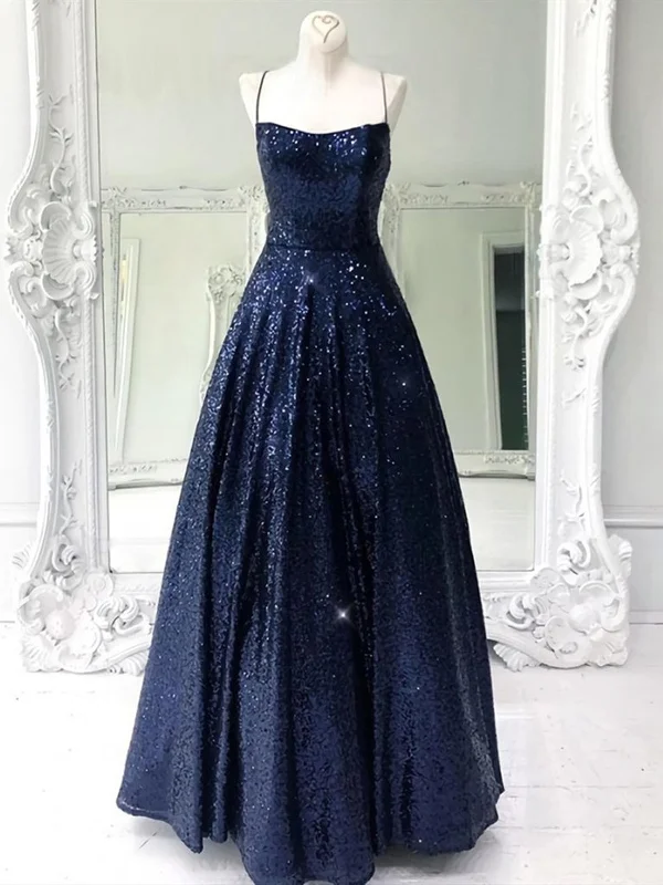 Shiny A Line Open Back Navy Blue Long Prom Dresses, Sparkly Backless Navy Blue Formal Evening Dresses