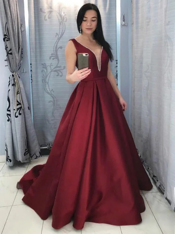 Deep V Neck Backless Burgundy Satin Long Prom Dresses, Backless Burgundy Formal Dresses, Burgundy Evening Dresses