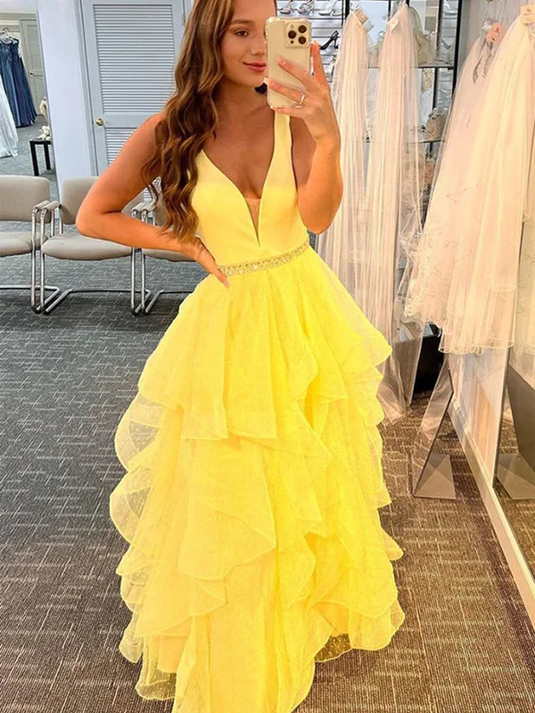 V Neck Layered Yellow Tulle Long Prom Dresses with Belt, V Neck Yellow Formal Graduation Evening Dresses SP2296