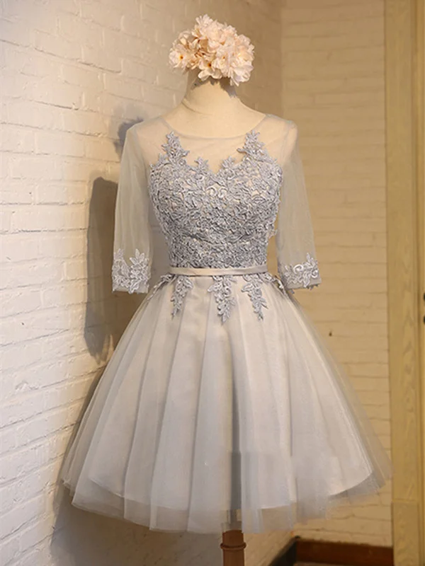 A Line Round Neck Short Gray/Pink Lace Prom Dresses, Graduation Dresses, Homecoming Dresses, Bridesmaid Dresses