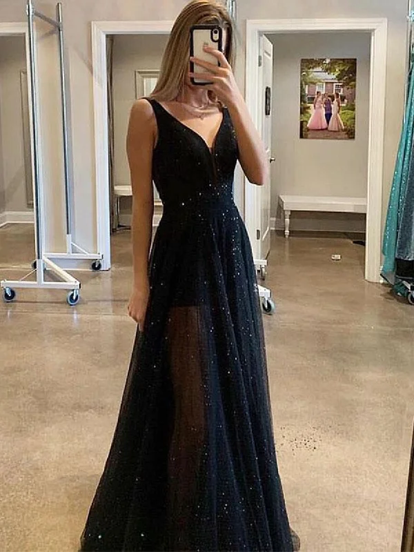 Sparkly Black A Line V Neck Sequins Long Prom Dresses, Black Formal Dresses, Graduation Dresses