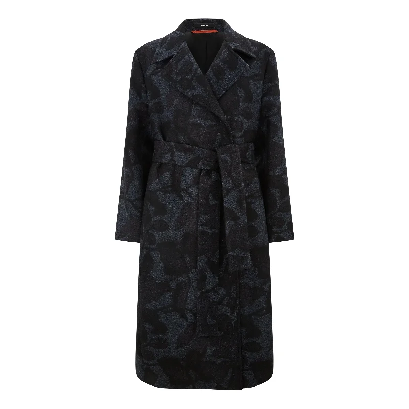 Tonal Flower Print Wool Coat