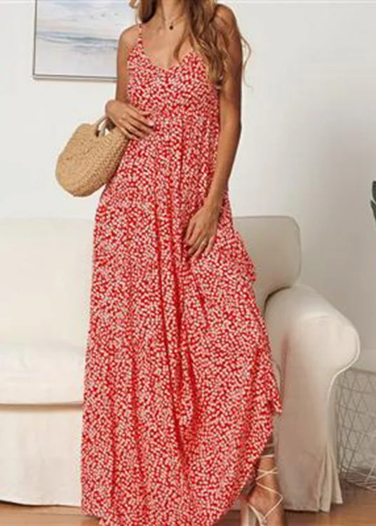 Bohemian Red Beach Summer Long Floral Dress for Women Dresses