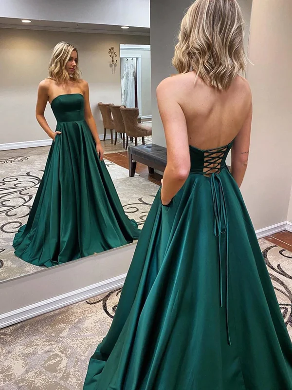 Open Back Strapless Green Satin Long Prom Dresses with Pocket, Strapless Green Formal Graduation Evening Dresses SP2406