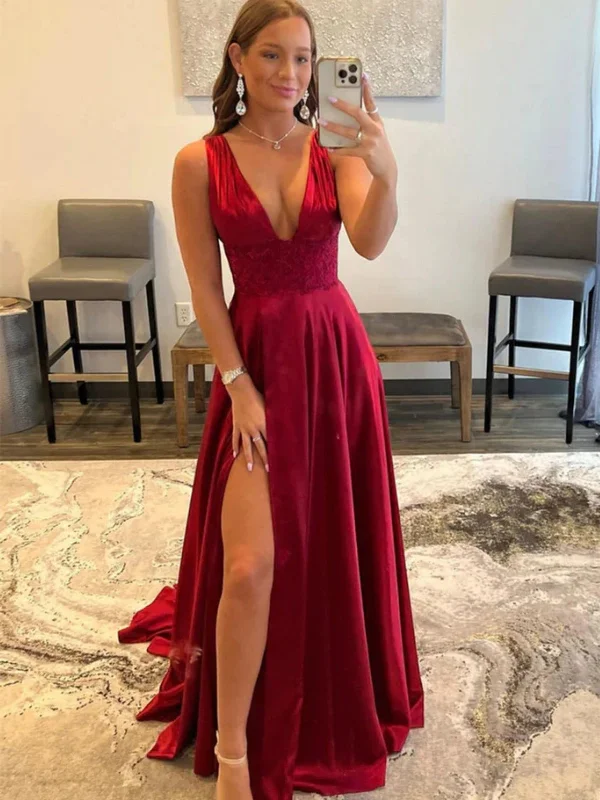 Open Back V Neck Burgundy Long Prom Dresses with High Slit, V Neck Burgundy Formal Graduation Evening Dresses SP2489