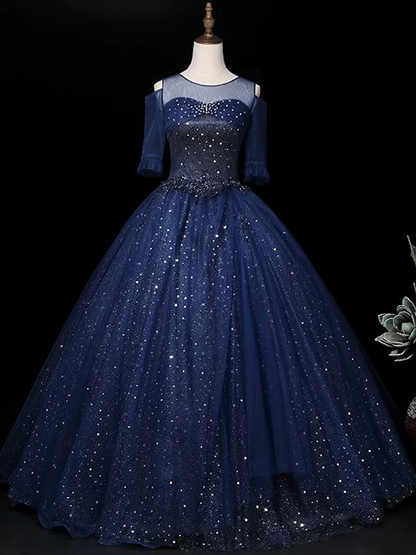 Half Sleeves Round Neck Navy Blue Beaded Long Prom Dresses, Shiny Beaded Navy Blue Formal Evening Dresses, Navy Blue Ball Gown SP2187