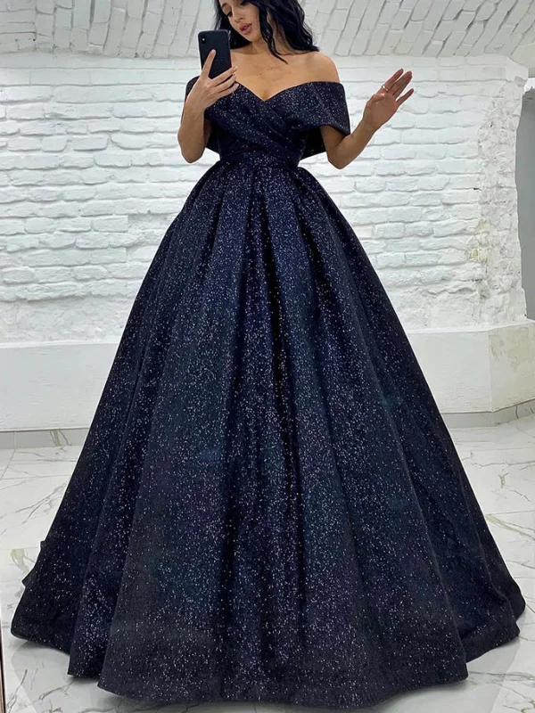 Shiny Off Shoulder Navy Blue Long Prom Dresses, Long Navy Blue Formal Graduation Evening Dresses, Ball Gown SP2511