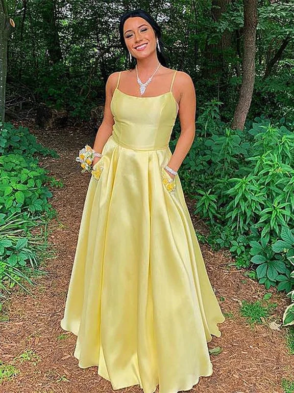 Simple Open Back Yellow Satin Long Prom Dresses with Pocket, Thin Straps Yellow Formal Graduation Evening Dresses SP2189