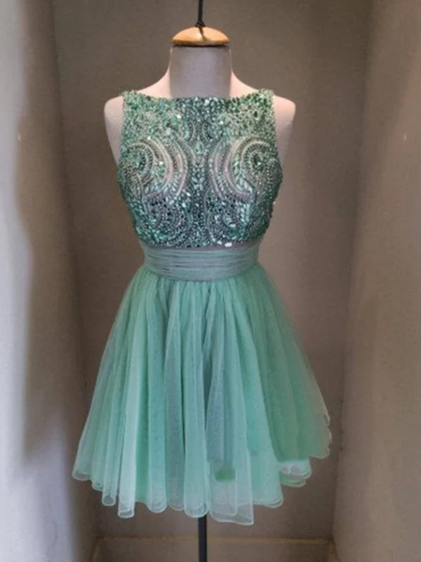 Round Neck Short Blue Prom Dresses, Short Homecoming Dresses, Graduation Dresses