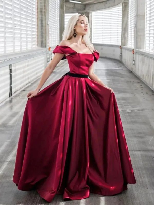 Off Shoulder Burgundy Satin Long Prom Dresses, Off the Shoulder Formal Dresses, Burgundy Evening Dresses SP2546