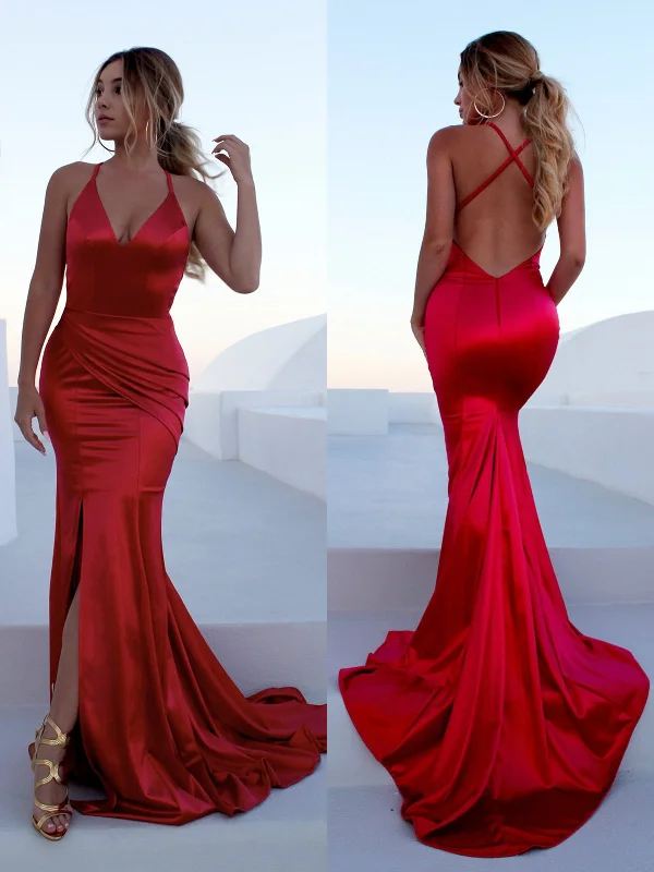 Red Mermaid Backless Satin Long Prom Dresses with Leg Slit Train, Red Mermaid Formal Dresses, Red Evening Dresses