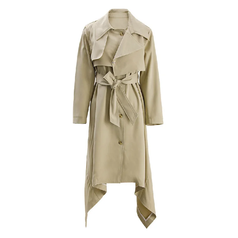 Asymmetrical Collared Button Up Belted Twill Cotton Waterfall Trench Coat