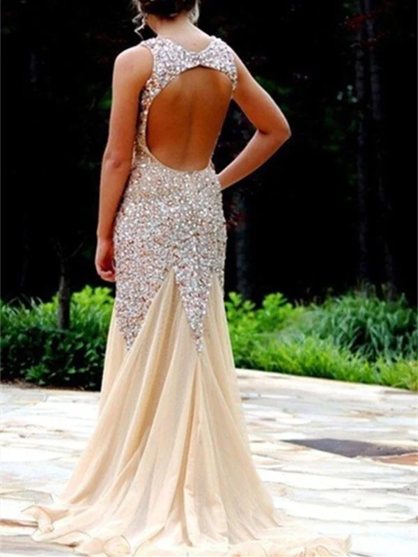 Custom Made Nude/ Champagne Mermaid Open Back Prom Dresses, Dresses For Prom, Mermaid Evening Dresses, Formal Dresses 2016