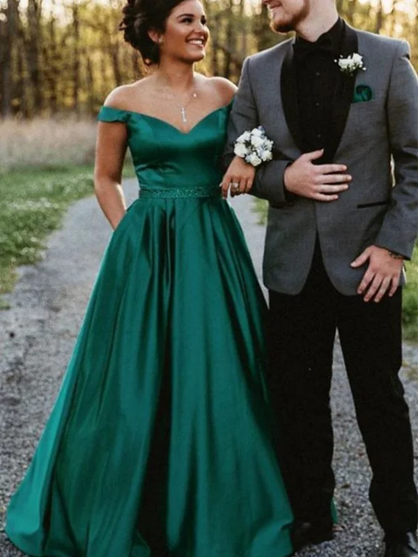 Off Shoulder Green Satin Long Prom Dresses, Off the Shoulder Formal Dresses, Green Evening Dresses SP2529