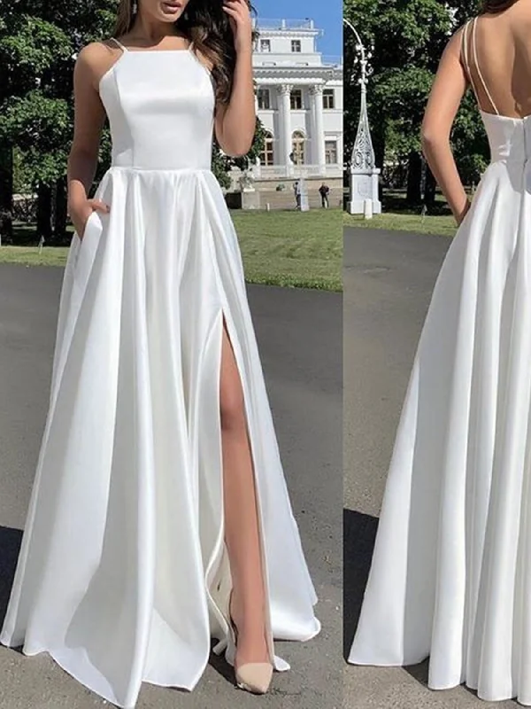 Simple Open Back White Satin Long Prom Dresses with High Slit, Long White Formal Graduation Evening Dresses SP2213