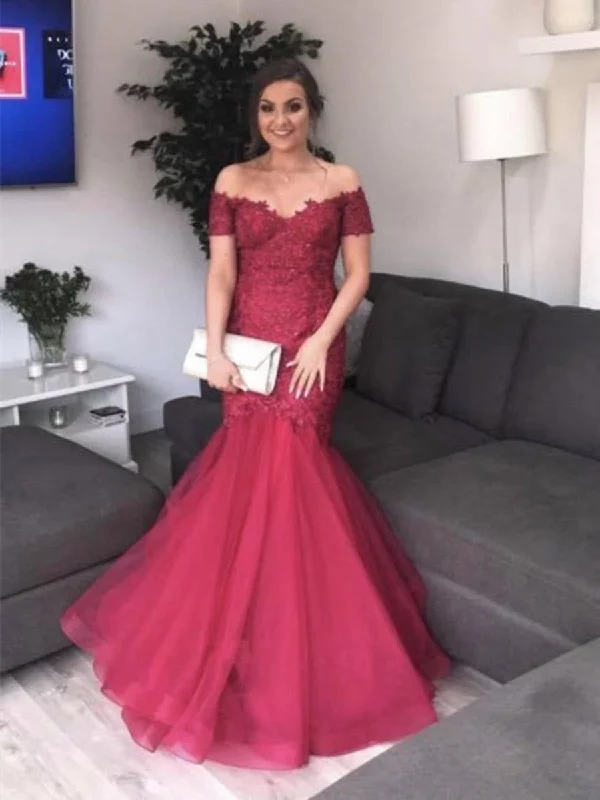 Burgundy Off Shoulder Mermaid Lace Tulle Long Prom Dresses, Burgundy Mermaid Formal Dresses, Ball Gown, Evening Dresses