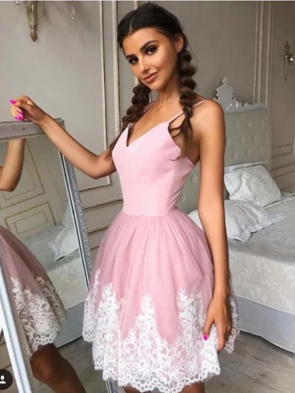 A Line V Neck Short Pink Lace Prom Dresses, Short Pink Lace Formal Homecoming Dresses