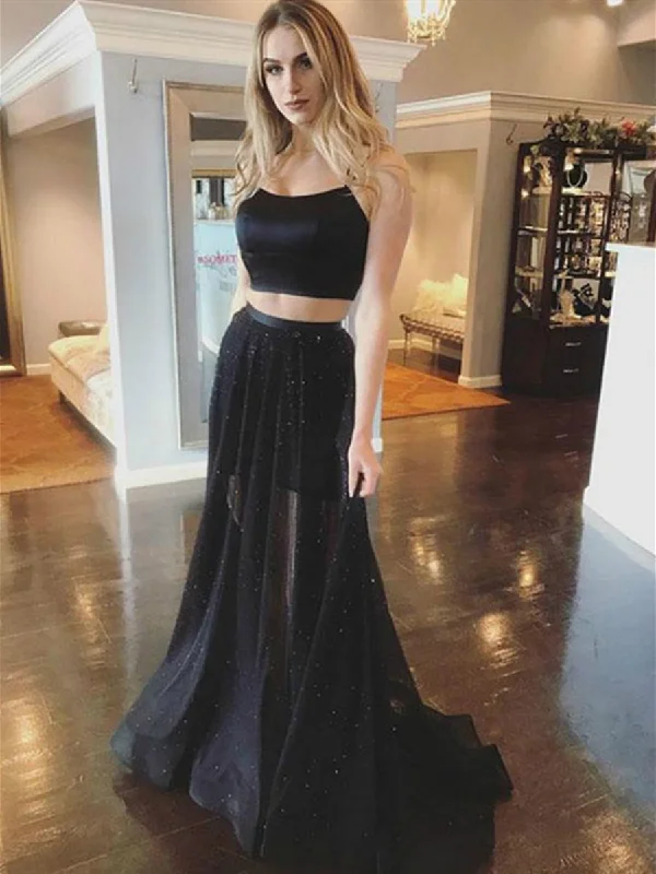 Two Piece Spaghetti Straps Mermaid Cross Back Satin Black Long Prom Dresses, 2 Pieces Black Formal Dresses, Black Graduation Dresses