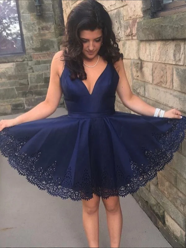 Navy Blue V Neck Lace Short Prom Dresses, Navy Blue Lace Homecoming Dresses, Lace Navy Blue Short Formal Graduation Evening Dresses