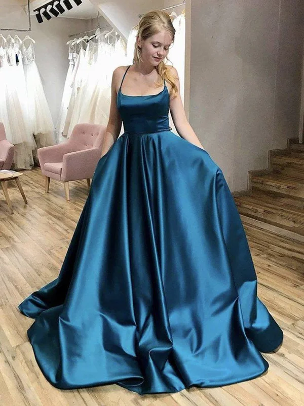 Simple Backless Blue Satin Long Prom Dresses with Pocket, Thin Strap Blue Formal Evening Dresses