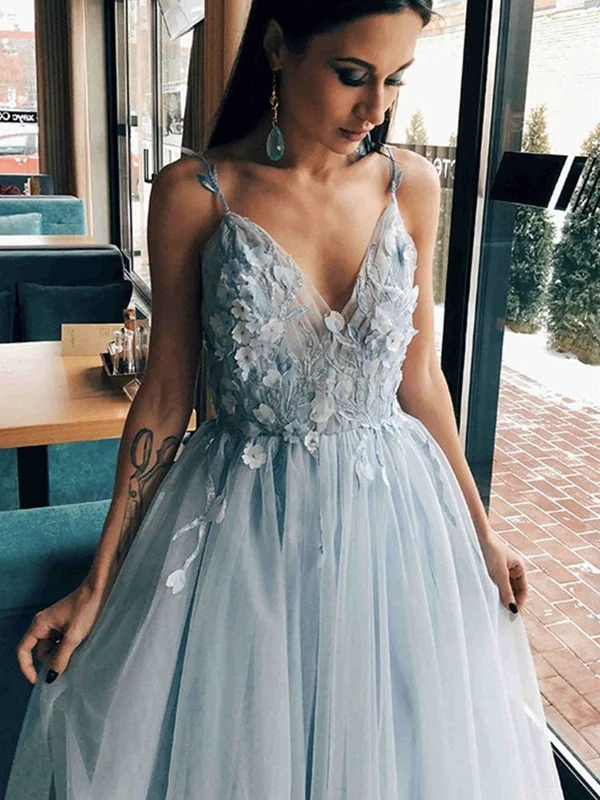 V Neck Open Back Light Blue Floral Long Prom Dresses, V Neck Light Blue Formal Evening Dresses with Flowers SP2183