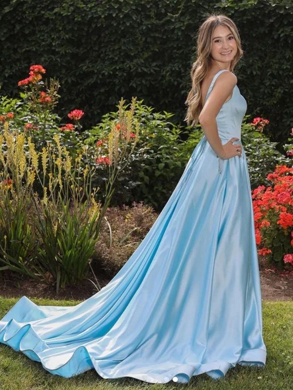 A Line Open Back Blue Satin Long Prom Dresses, Long Blue Formal Evening Dresses