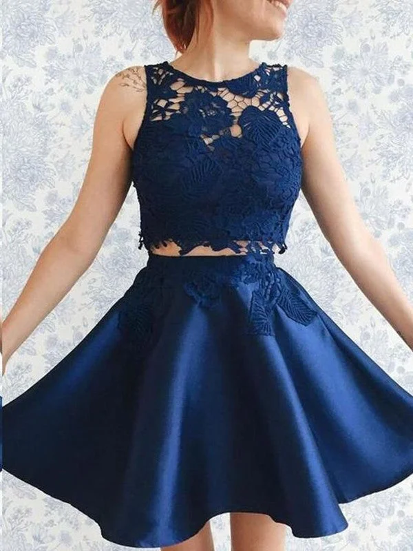 Dark Blue Round Neck Two Pieces Lace Prom Dresses, Dark Blue Lace Homecoming Dresses