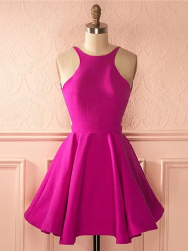 Fuchsia A Line Round Neck Backless Short Prom Dresses, Fuchsia Homecoming Dresses, Backless Graduation Dresses