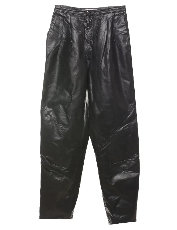 Black High Waist Pleated Leather Trousers - W26 L30