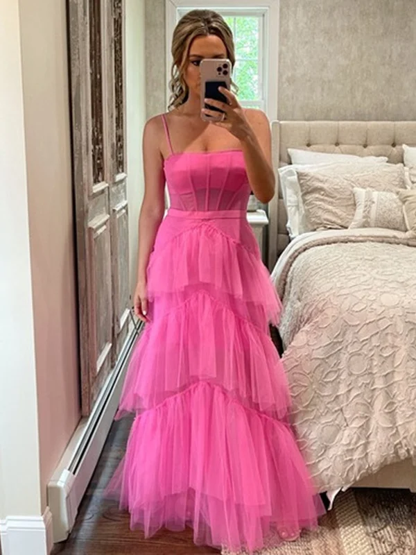 Elegant Open Back Layered Hot Pink Tulle Long Prom Dresses, Hot Pink Tulle Formal Graduation Evening Dresses SP2318