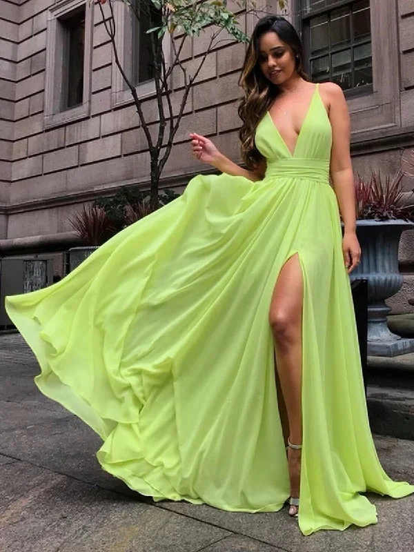 Simple V Neck Bright Yellow Chiffon Long Prom Dresses with Slit, V Neck Bright Yellow Formal Dresses, V Neck Yellow Bridesmaid Dresses