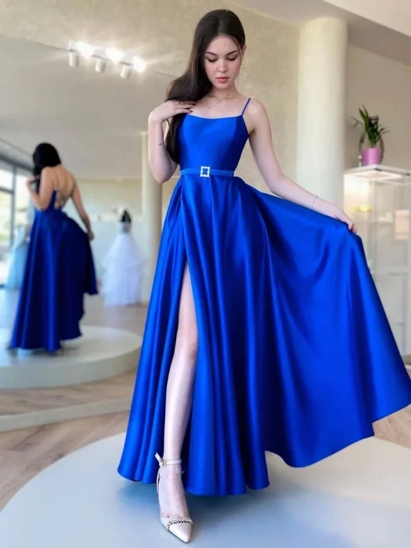 Simple Backless Royal Blue Satin Long Prom Dresses with High Slit, Royal Blue Formal Graduation Evening Dresses SP2502