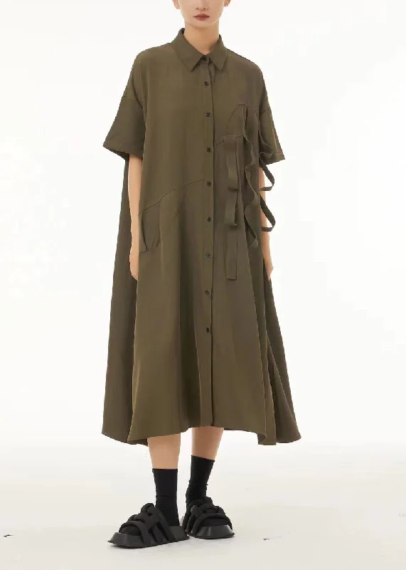 Army Green Patchwork Cotton Shirt Dresses Oversized Original Design Summer