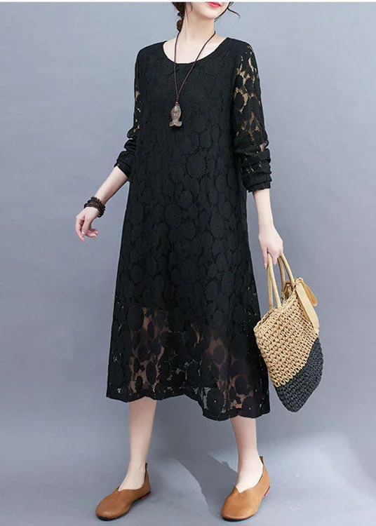 Black Hollow Out Lace A Line Dress O-Neck Summer