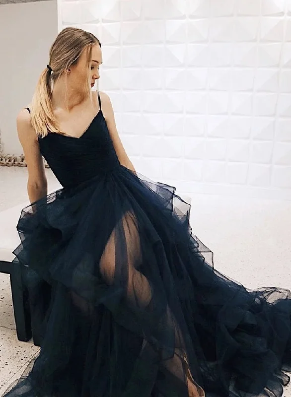 Princess V Neck Dark Navy Blue Tulle Long Prom Dresses, V Neck Dark Navy Blue Formal Dresses, Navy Blue Evening Dresses