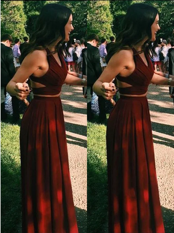 A Line Two Pieces Maroon Long Prom Dresses, Two Pieces Maroon Bridesmaid Dresses