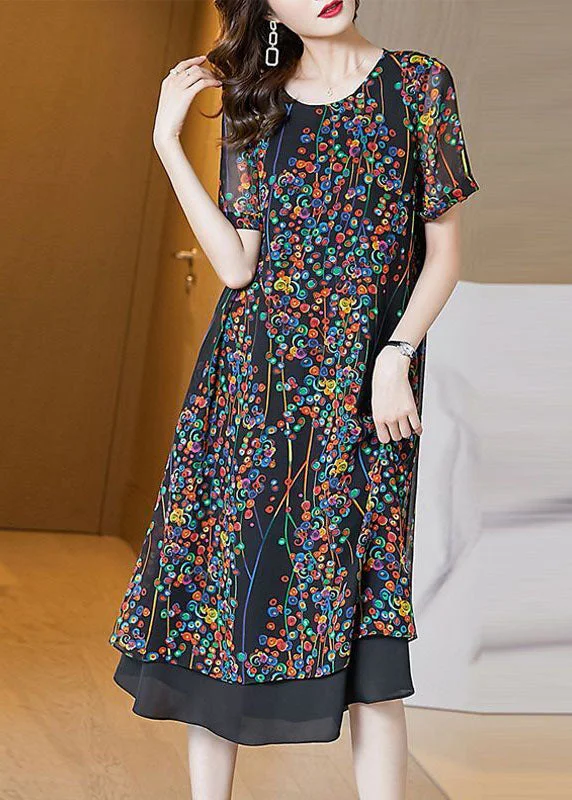 Classy Black O-Neck Patchwork Print Chiffon Long Dress Summer