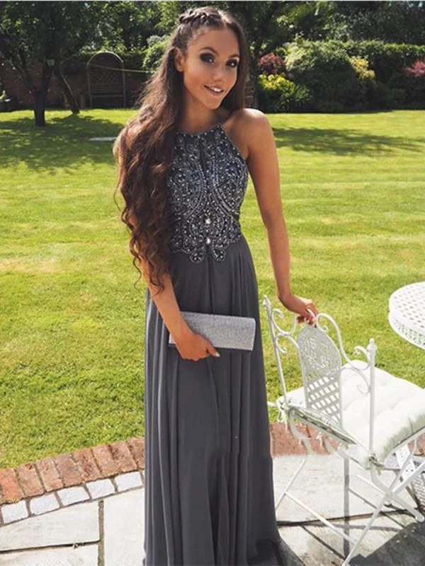 Custom Made A Line Grey/Gray Backless Chiffon Prom Dresses, Backless Bridesmaid Dresses, Wedding Party Dresses, Backless Evening Dresses