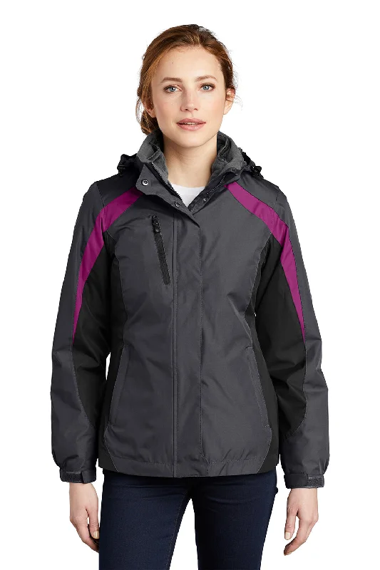 Port Authority Womens 3-in-1 Wind & Water Resistant Full Zip Hooded Jacket - Magnet Grey/Black/Very Berry Purple - Closeout