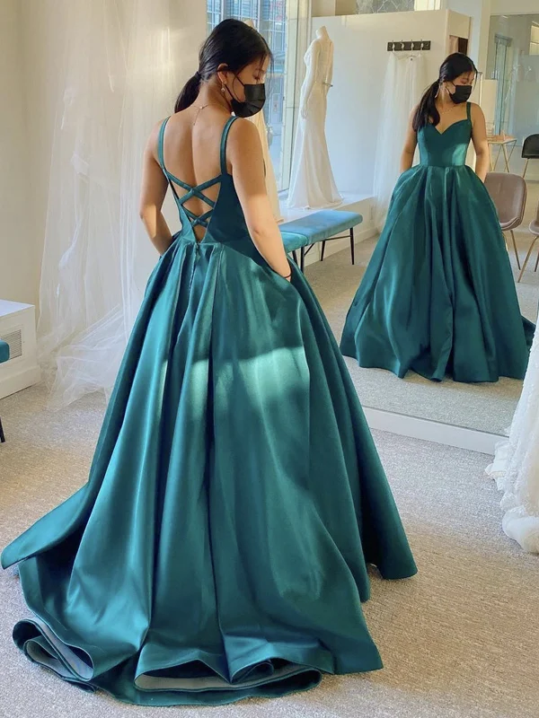 V Neck Open Back Green Satin Long Prom Dresses, V Neck Green Formal Dresses, Green Evening Dresses SP2216