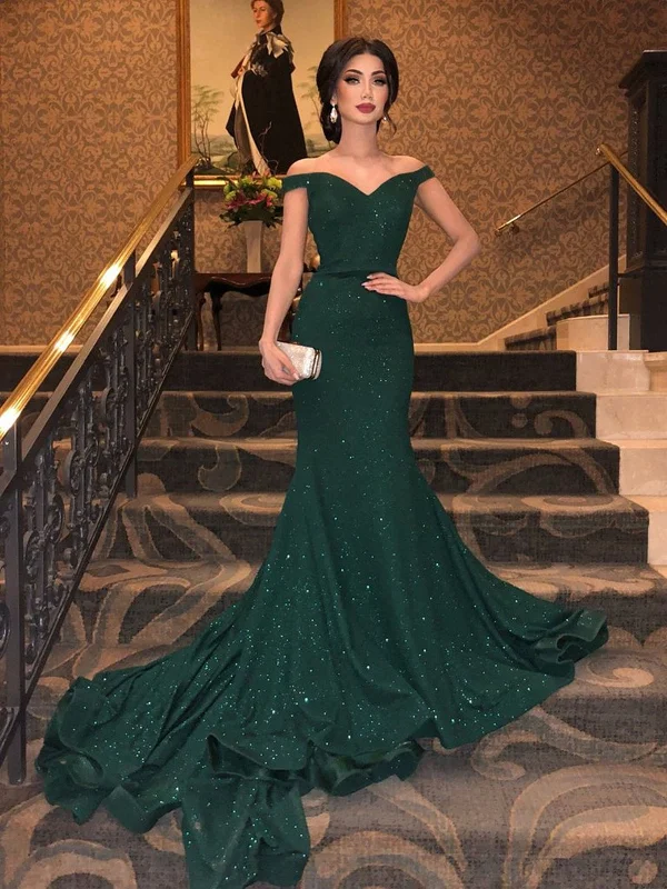 Shiny Off Shoulder Mermaid Dark Green Long Prom Dresses, Sparkly Mermaid Green Formal Evening Dresses