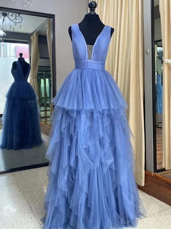 Deep V Neck Blue Layered Long Prom Dresses, Long Blue Formal Evening Dresses