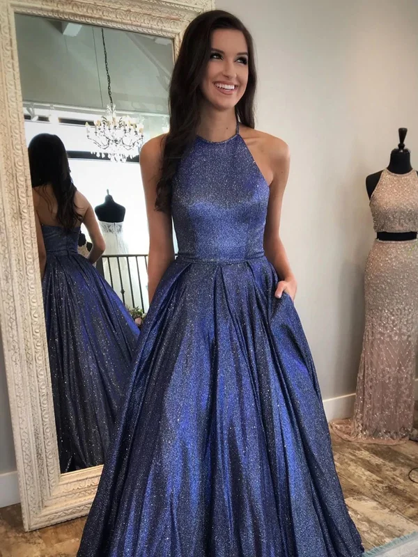 Shiny Halter Neck Backless Dark Blue Long Prom Dresses with Pocket, Backless Blue Formal Graduation Evening Dresses SP2321