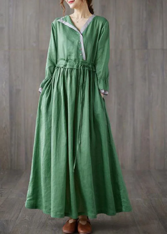 Chic Green Asymmetrical Design Tie Waist Cotton Holiday Dress Spring