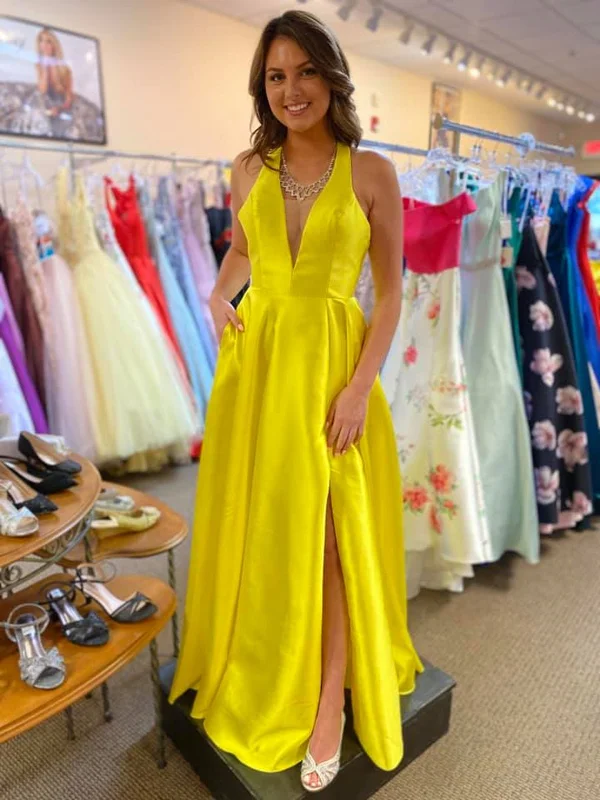 A Line V Neck Open Back Yellow Satin Long Prom Dresses with Slit, V Neck Yellow Formal Graduation Evening Dresses SP2360