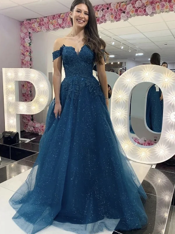 Shiny Off Shoulder Long Blue Lace Prom Dresses, Blue Lace Formal Dresses, Sparkly Blue Evening Dresses