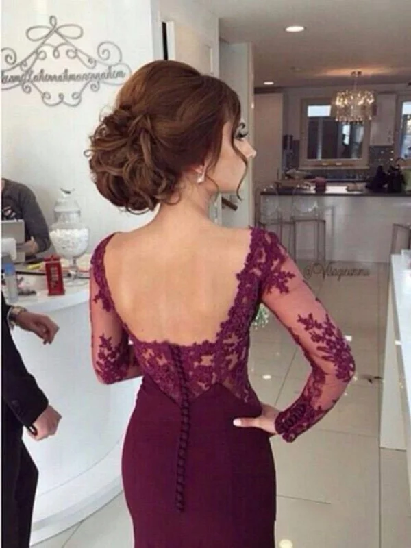 Custom Made Mermaid Long Sleeves Maroon Lace Prom Dresses, Formal Dresses