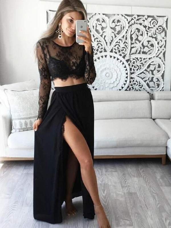 Long Sleeves 2 Pieces Lace Black Long Prom Dresses with High Slit, 2 Pieces Black Lace Graduation Dresses, Evening Dresses