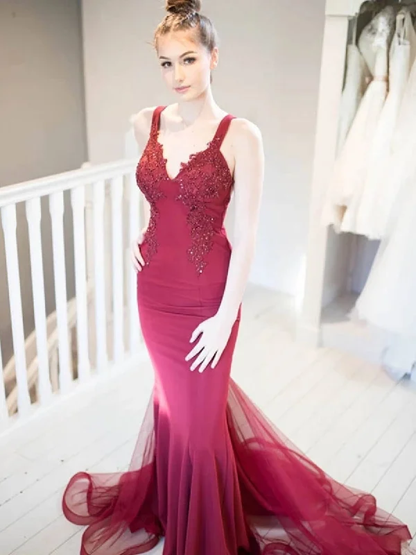 Unique V Neck Mermaid Beaded Lace Burgundy Long Prom Dresses, Mermaid Lace Burgundy Formal Graduation Evening Dresses