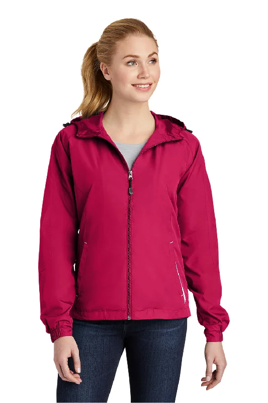 Sport-Tek Womens Water Resistant Full Zip Hooded Jacket - Raspberry Pink/White - Closeout